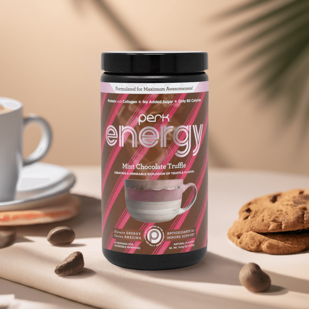 Mint Chocolate Truffle Energy Drink by Perk Energy in 20-serving container, ideal for a healthy morning boost with collagen, caffeine, and low sugar.