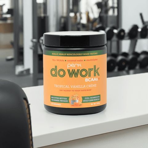 Do Work BCAA+ Tropical Vanilla Creme in gym setting