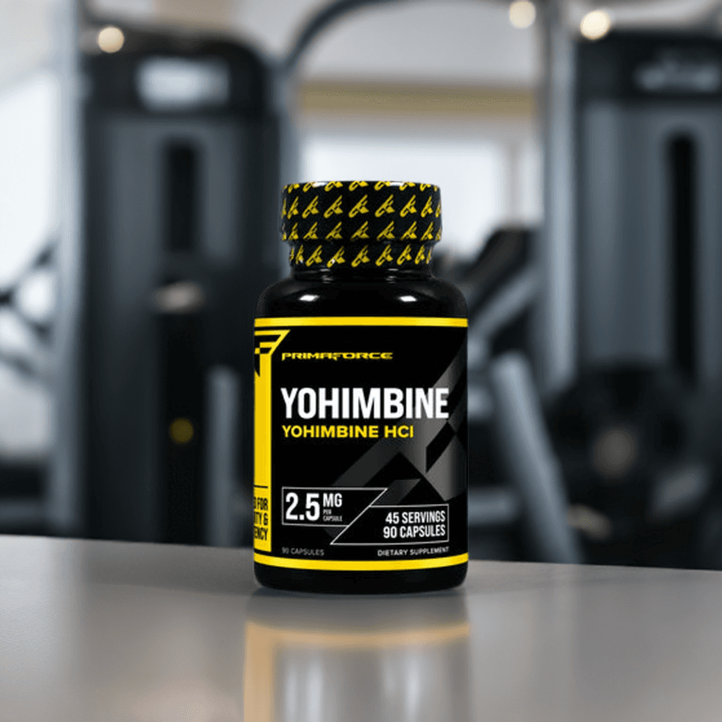 PrimaForce Yohimbine HCl 2.5 MG supplement placed on a gym counter, supporting metabolism and sexual health enhancement.