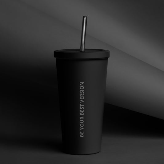 Velite Armor Insulated Tumbler in matte black with 'Be Your Best Version' text, ideal for stylish beverage storage in any setting.