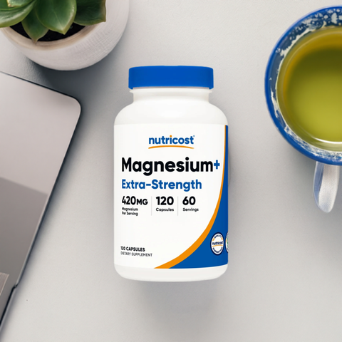 Magnesium+ Extra Strength Capsules on desk