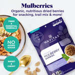 Navitas Organics Mulberries package with highlights: fiber & essential minerals, no added sugar, sweet & chewy. Perfect for snacking, trail mix, and baking.