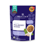 Front view of Navitas Organics Mulberries 8oz package, labeled as organic, sweet and chewy, ancient superberry, plant-based superfood.