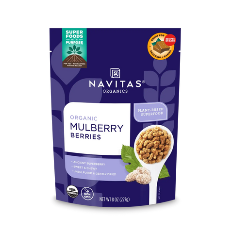 Front view of Navitas Organics Mulberries 8oz package, labeled as organic, sweet and chewy, ancient superberry, plant-based superfood.