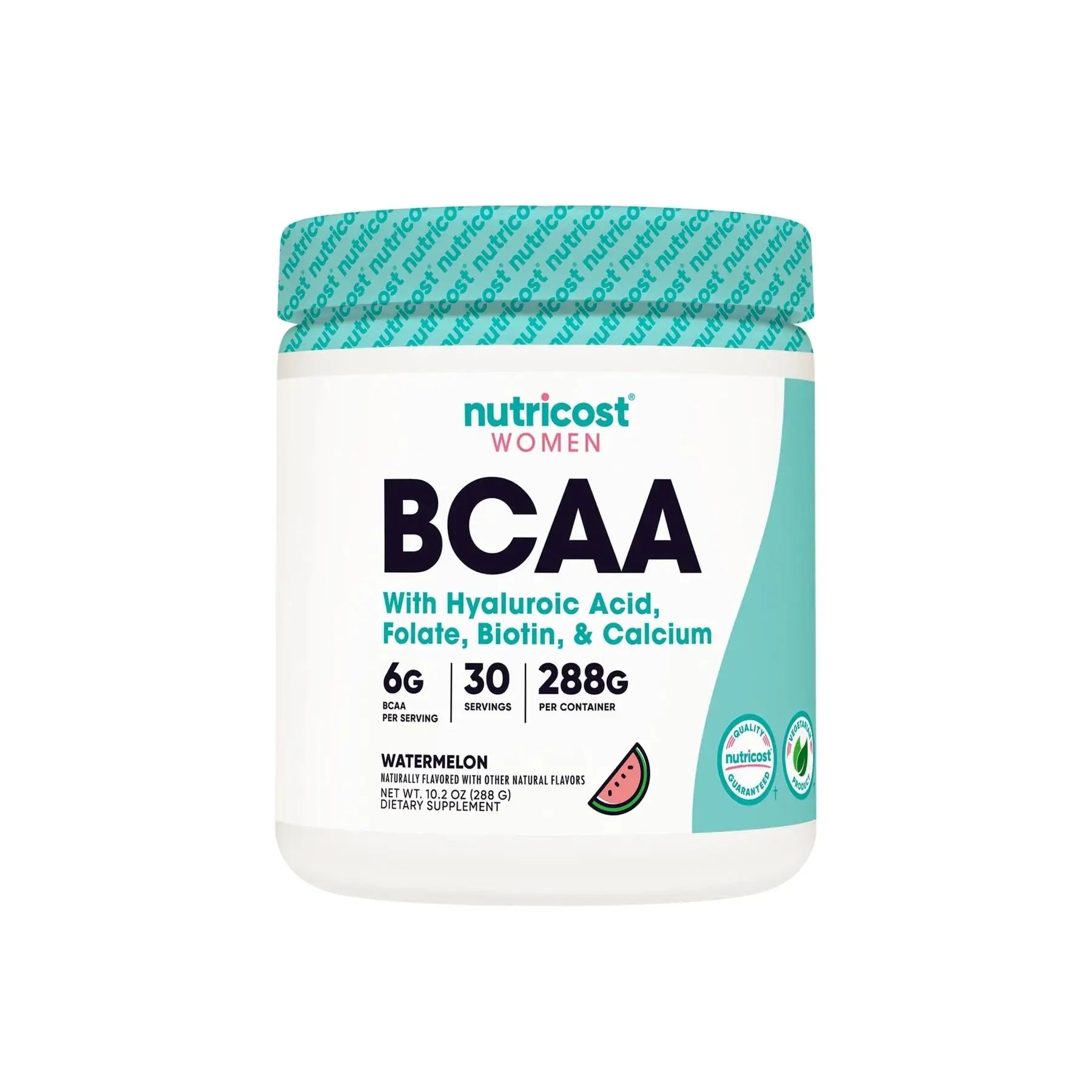 Nutricost BCAA for Women watermelon flavor supplement jar with 6g BCAAs, 30 servings, and added nutrients for female muscle recovery support.