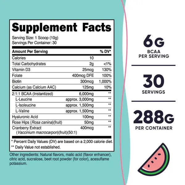 Nutricost BCAA for Women supplement facts label showing 6g BCAAs, 30 servings, and added vitamins for enhanced muscle recovery and growth.
