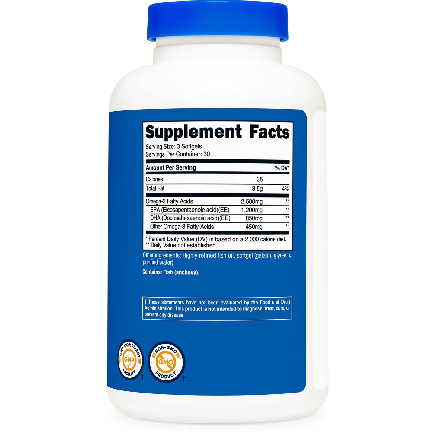 Nutricost Omega-3 Fish Oil 2500mg Supplement Facts label showing nutritional information EPA DHA content and ingredients