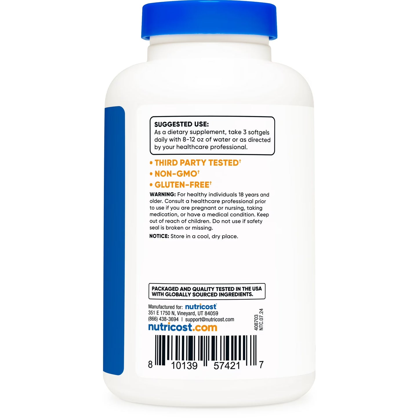 Nutricost Omega-3 Fish Oil 2500mg back label with suggested use directions third party tested non-GMO gluten free certifications