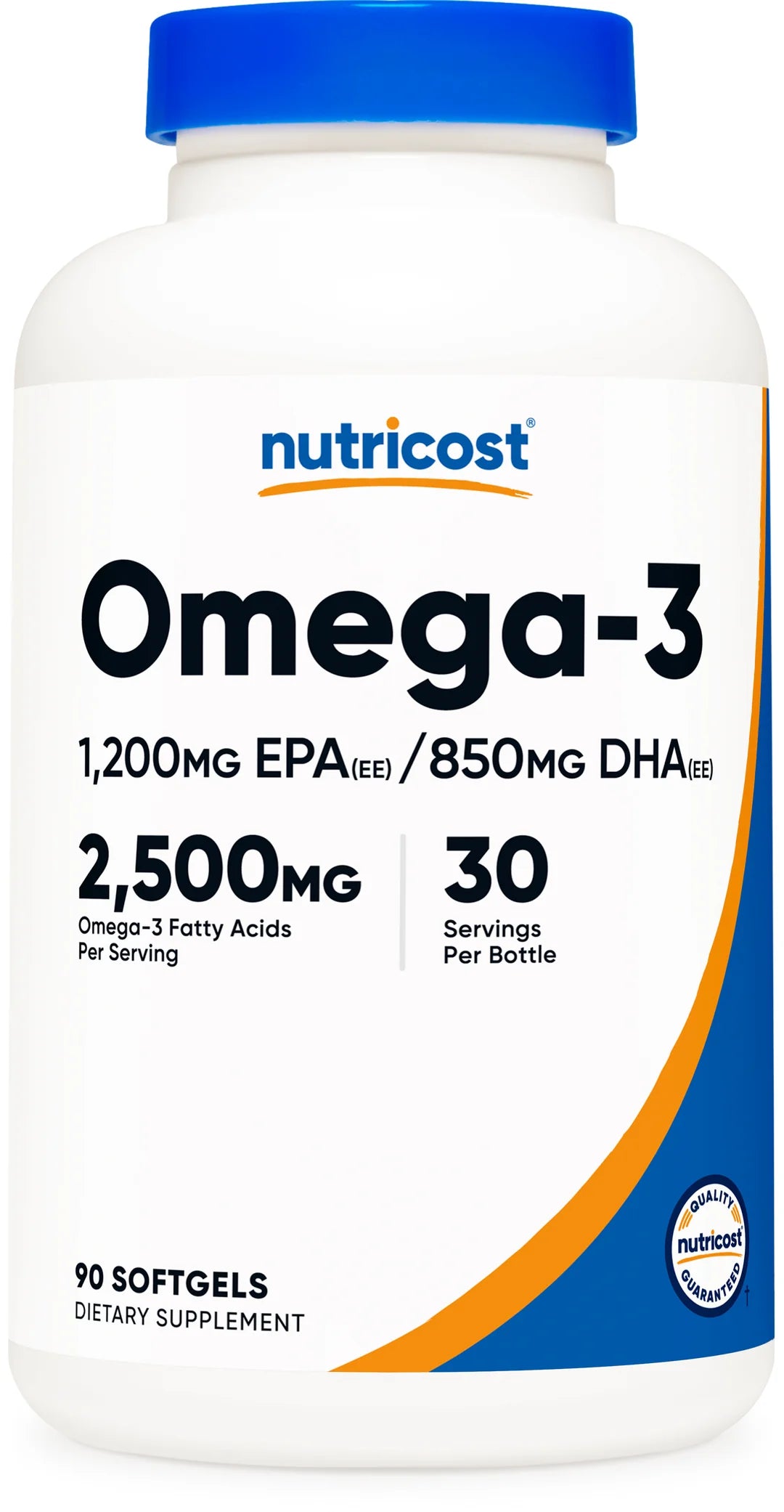 Nutricost Omega-3 Fish Oil 2500mg 90 Softgels bottle front label showing 1200mg EPA and 850mg DHA per serving