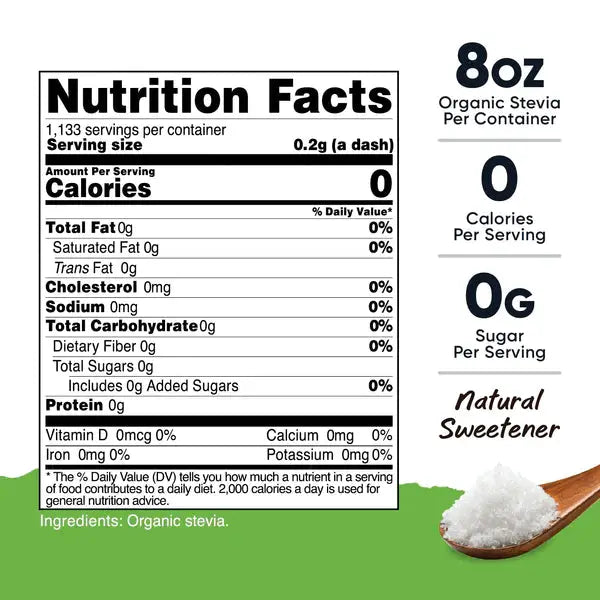 Nutricost Pantry Organic Stevia Powder nutrition label showing 0 calories, 0g sugar, and 1,133 servings per 8oz container, made from 100% organic stevia.