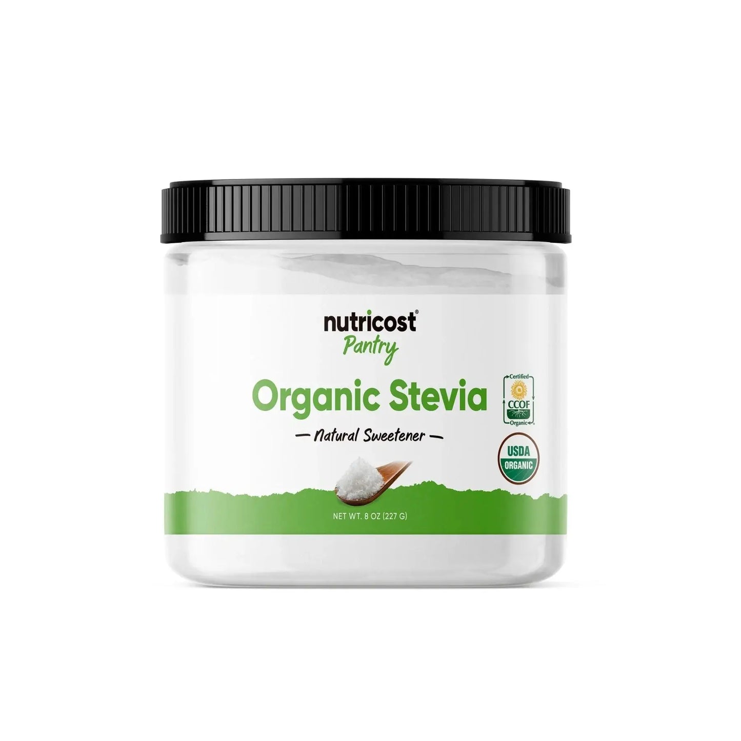 Nutricost Pantry Organic Stevia Powder – 8oz BPA-free container with USDA Organic and Non-GMO labels, ideal for keto and sugar-free lifestyles.