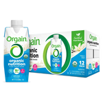 Orgain Vegan Organic Nutrition Shake Vanilla Bean 12-pack with individual shake carton, USDA Organic and plant-based certifications displayed on packaging.