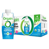Orgain Vegan Organic Nutrition Shake Vanilla Bean 12-pack with individual shake carton, USDA Organic and plant-based certifications displayed on packaging.