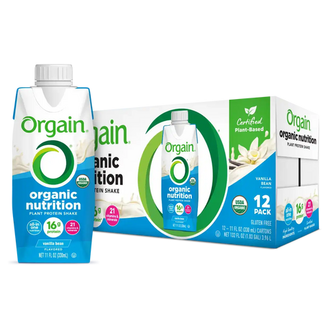 Orgain Vegan Organic Nutrition Shake Vanilla Bean 12-pack with individual shake carton, USDA Organic and plant-based certifications displayed on packaging.