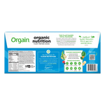 Back label of Orgain Vegan Organic Nutrition Plant Protein Shake Vanilla Bean showing nutrition facts, clean ingredients, and USDA Organic certification.