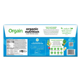 Back label of Orgain Vegan Organic Nutrition Plant Protein Shake Vanilla Bean showing nutrition facts, clean ingredients, and USDA Organic certification.