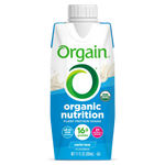 Front of Orgain Vegan Organic Nutrition Shake Vanilla Bean 11 fl oz carton highlighting 16g plant-based protein and 21 vitamins and minerals.
