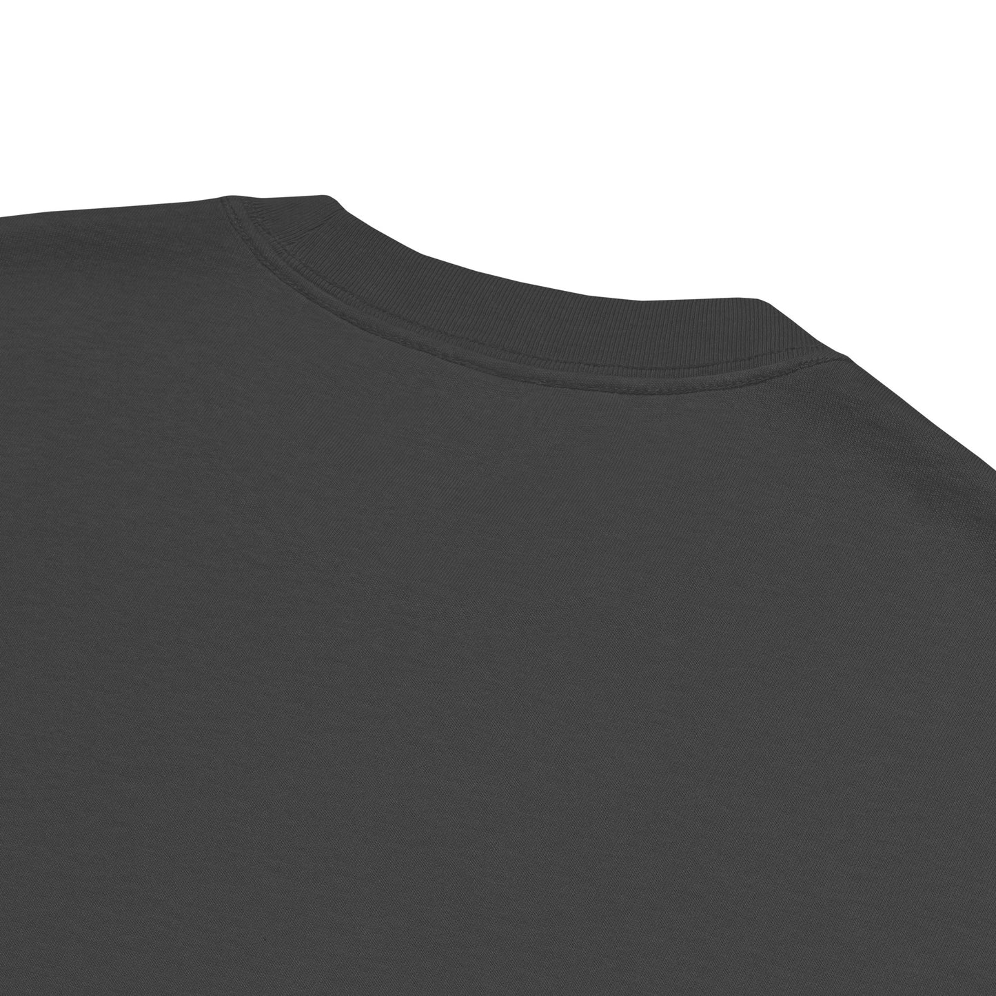 Close-up of collar stitching on Velite Armor Oversized Embroidered Tee – Premium Heavyweight in charcoal, showing fabric texture.