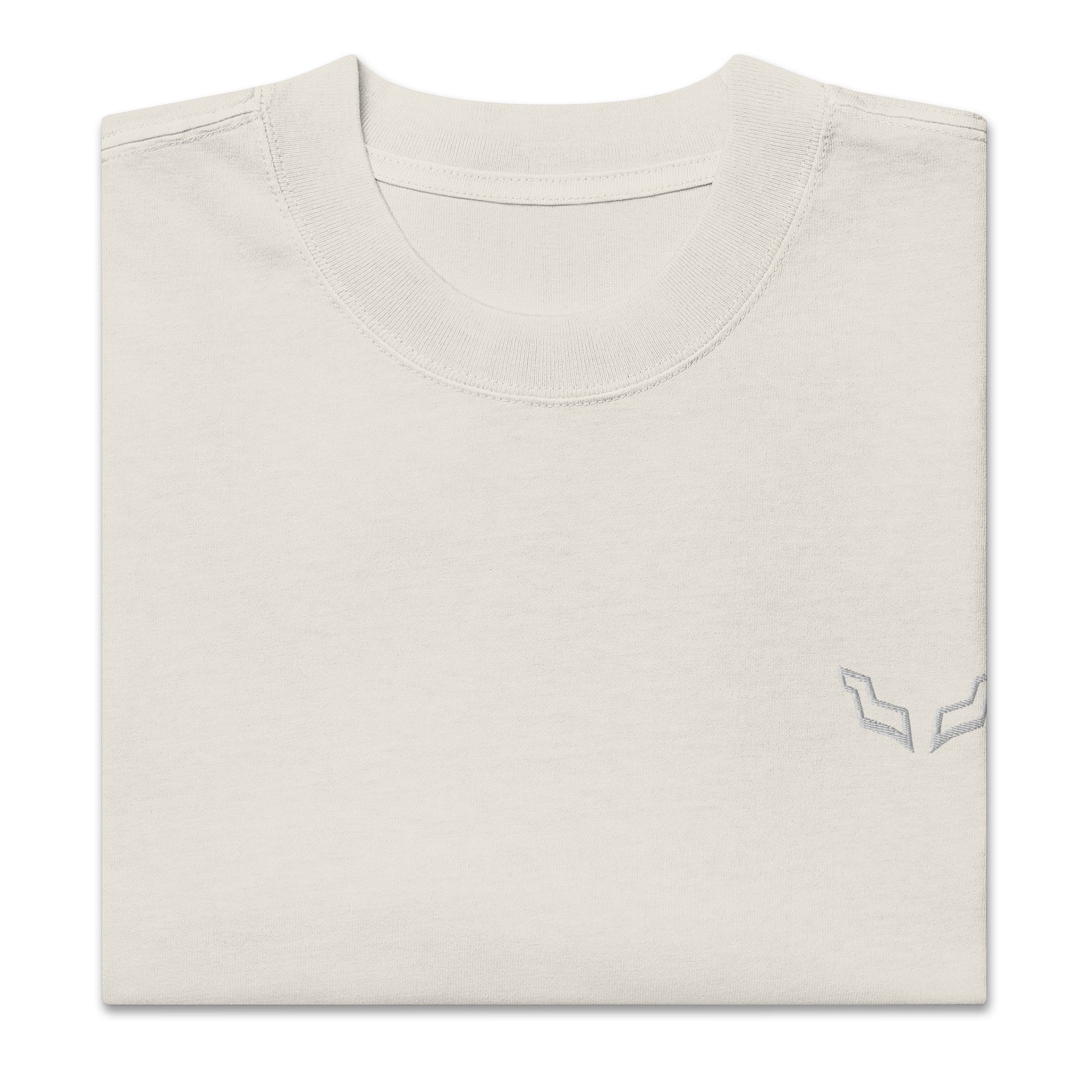 Folded Velite Armor Oversized Embroidered Tee – Premium Heavyweight in off-white, highlighting minimalist embroidered chest logo.