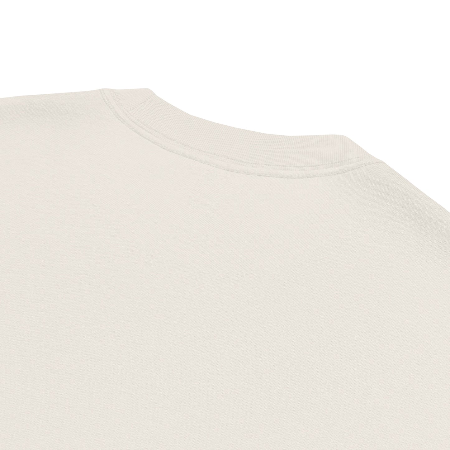 Close-up of collar on Velite Armor Oversized Embroidered Tee – Premium Heavyweight in off-white, showing ribbed neckline detail.
