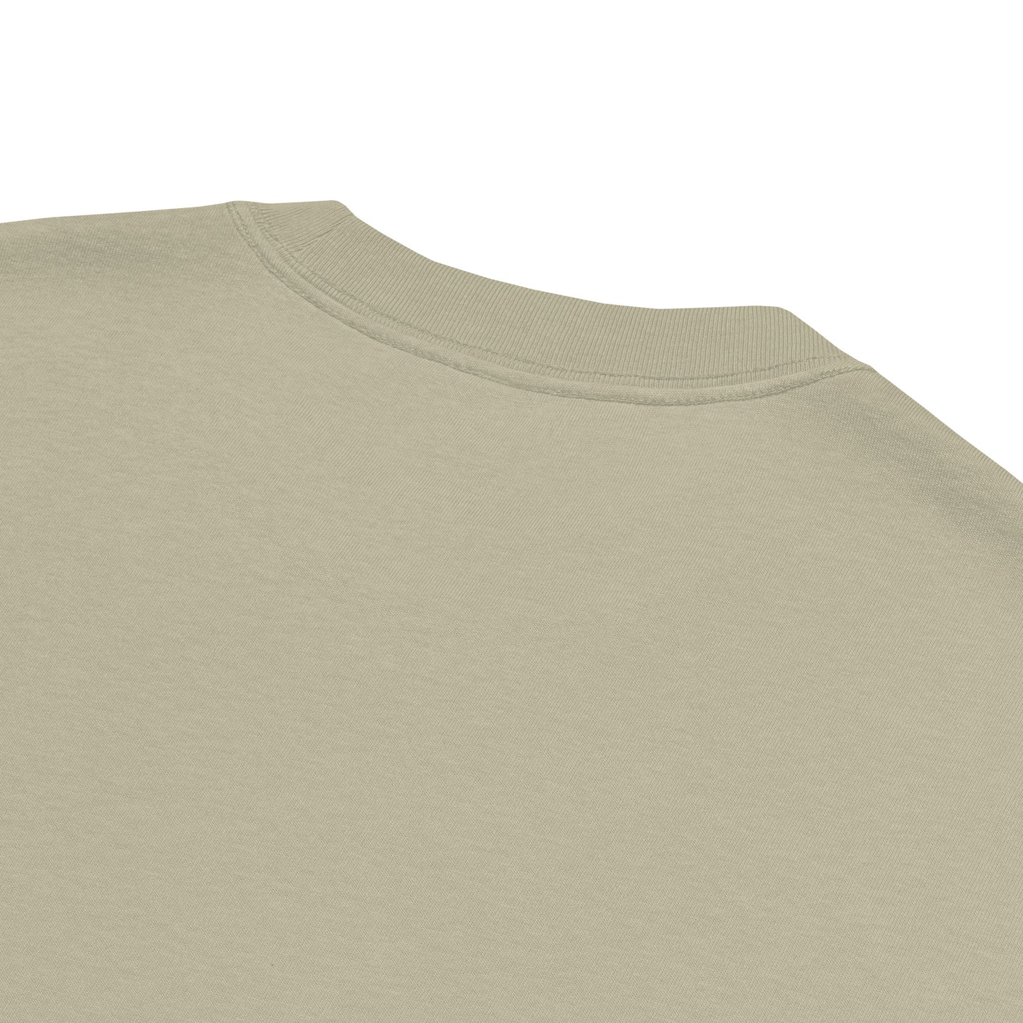 Close-up of collar stitching on Velite Armor Oversized Embroidered Tee – Premium Heavyweight in sage green, showing fabric quality.