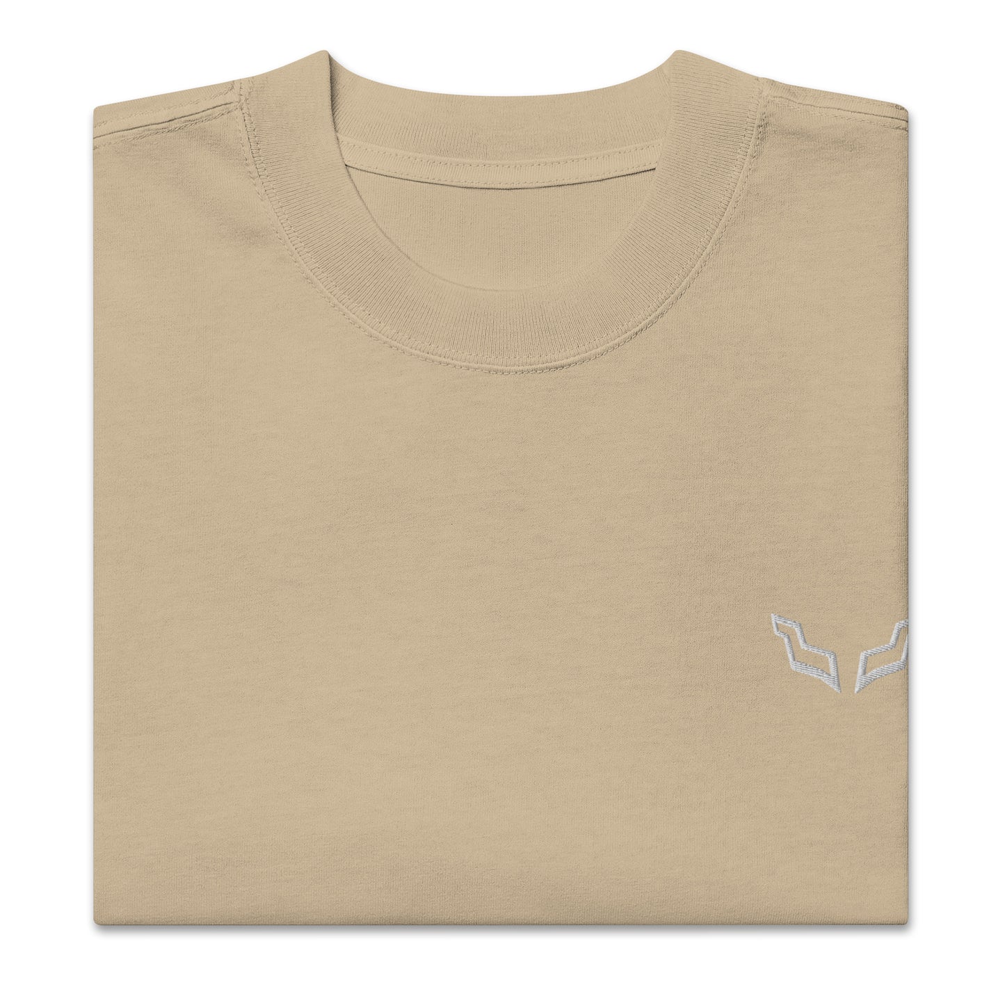 Folded Velite Armor Oversized Embroidered Tee – Premium Heavyweight in beige, showcasing embroidered chest logo and ribbed collar.