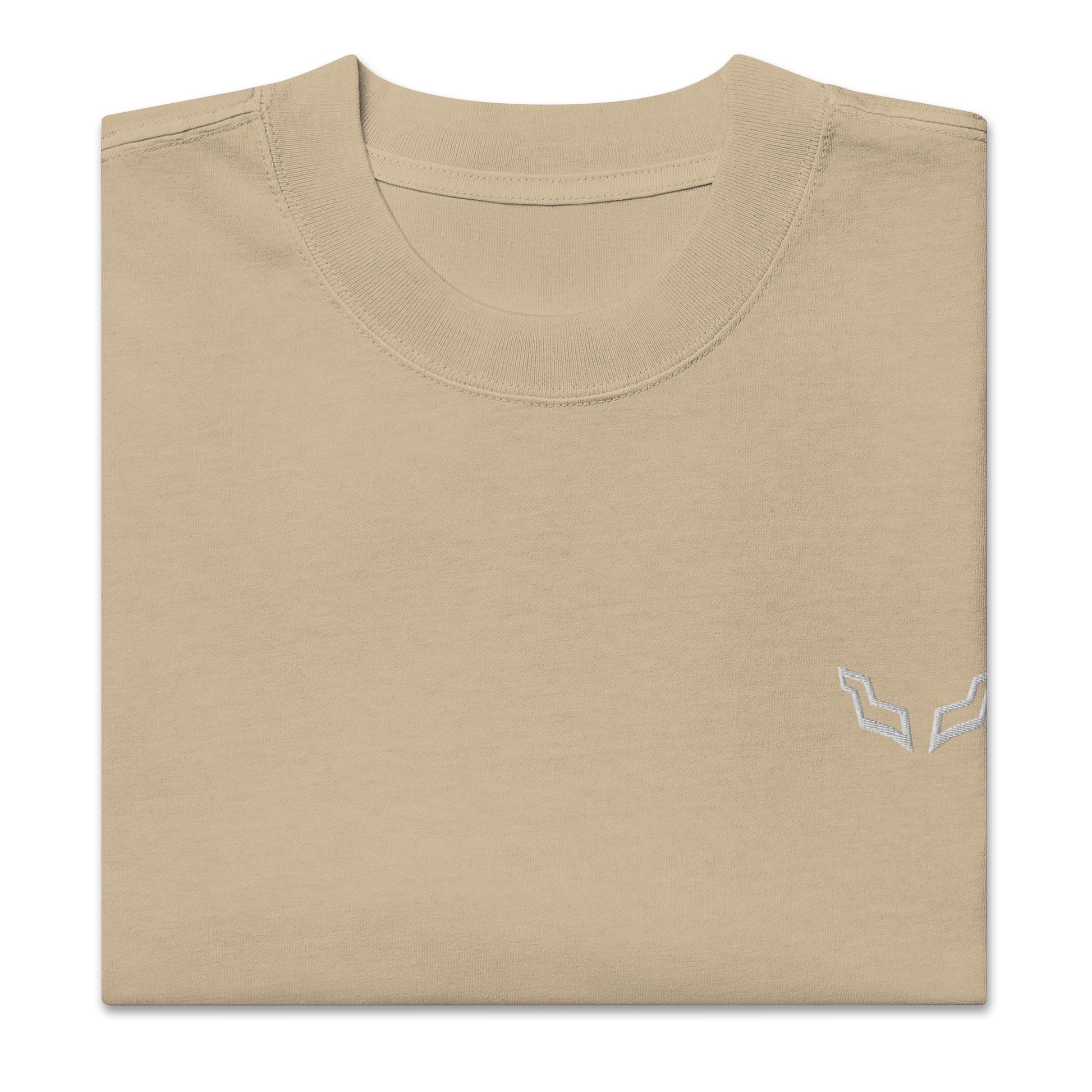 Folded Velite Armor Oversized Embroidered Tee – Premium Heavyweight in beige, showcasing embroidered chest logo and ribbed collar.