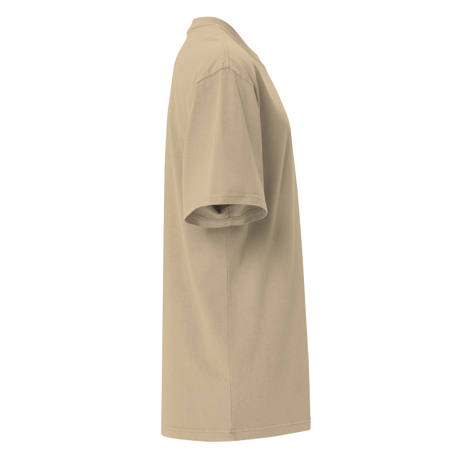 Left side view of Velite Armor Oversized Embroidered Tee – Premium Heavyweight in beige, showing clean sleeve and hem finish.