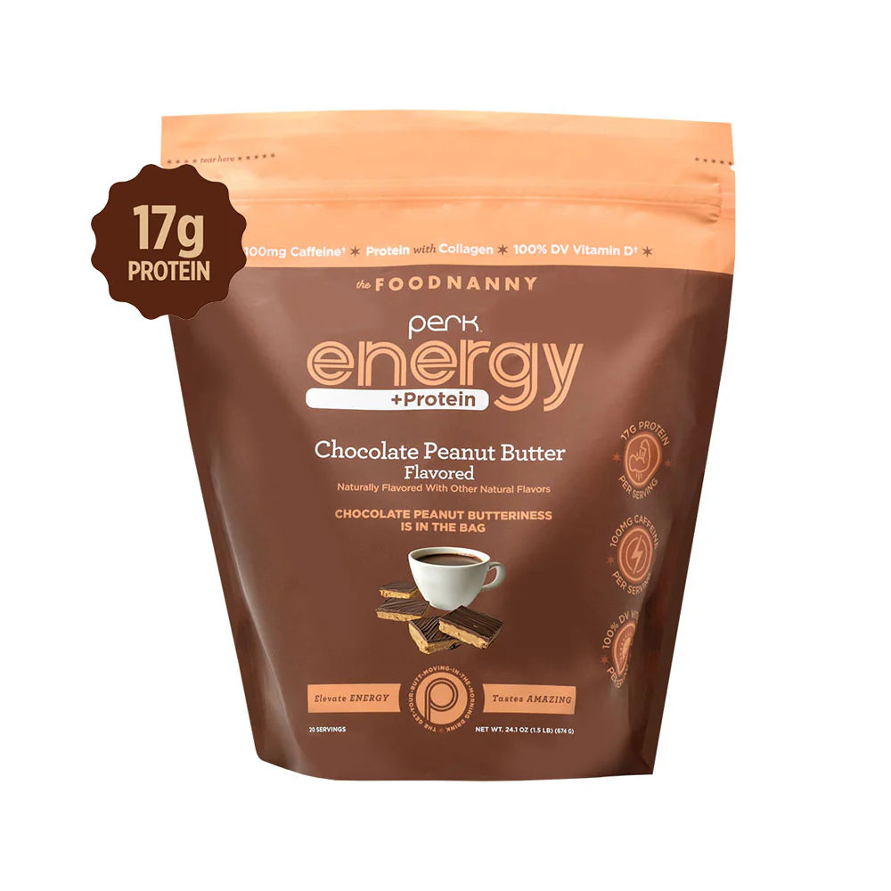 Perk Energy + Protein Chocolate Peanut Butter – High-protein energy drink mix designed for sustained energy, muscle recovery, and immune support. | Mezcla de bebida energética alta en proteína diseñada para energía sostenida, recuperación muscular y apoyo inmunológico.