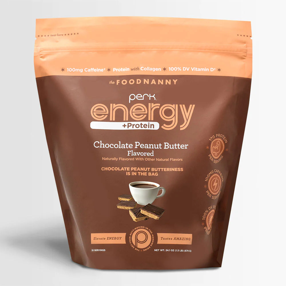 Perk Energy + Protein Chocolate Peanut Butter – Front view of the packaging showcasing 17g protein, caffeine, collagen, and Vitamin D benefits. | Vista frontal del empaque destacando 17g de proteína, cafeína, colágeno y beneficios de la vitamina D.