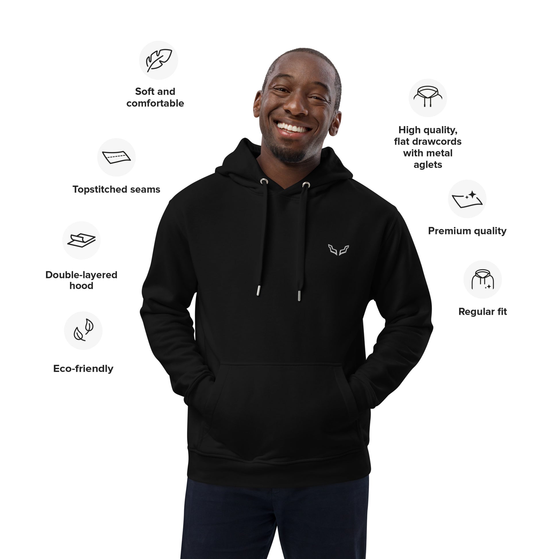Velite Armor Premium Eco Hoodie in black with double-layered hood, topstitched seams, and flat drawcords. Sustainable activewear with a regular fit.
