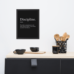 Discipline motivational framed poster 12x16 displayed on wall above black table with decor – premium fitness wall art by Velite Armor