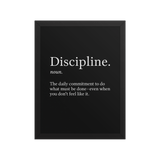 Front view of the Discipline motivational framed poster 12x16 with crisp text and modern design – minimalist gym and office decor by Velite Armor