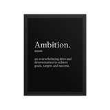 Minimalist motivational wall art print with the word "Ambition" and its definition on a black canvas.