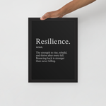 Resilience Framed Poster 12x16 features a bold black background with white motivational text, ideal wall art for success and home office decor.