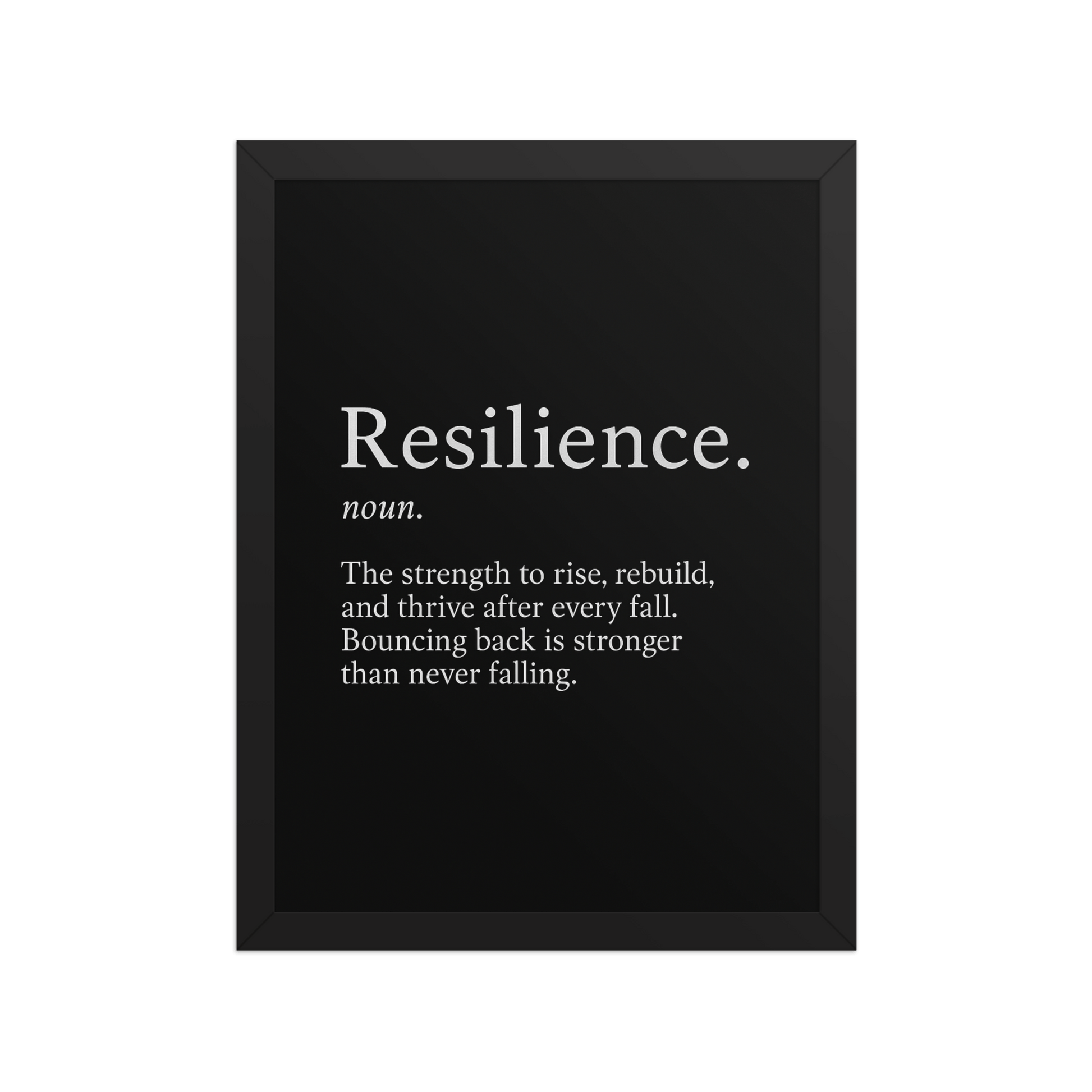 Resilience Framed Poster 12x16 – Motivational Wall Art for Success featuring a black background with white inspirational text in a sleek black frame. Ideal for home or office decor to inspire strength and perseverance.