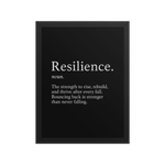 Resilience Framed Poster 12x16 – Motivational Wall Art for Success featuring a black background with white inspirational text in a sleek black frame. Ideal for home or office decor to inspire strength and perseverance.