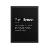 Resilience Framed Poster 12x16 – Motivational Wall Art for Success featuring a black background with white inspirational text in a sleek black frame. Ideal for home or office decor to inspire strength and perseverance.