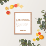 Consistency Framed Poster 12x16 surrounded by citrus fruits and greenery, stylish motivational art for kitchens or creative spaces.