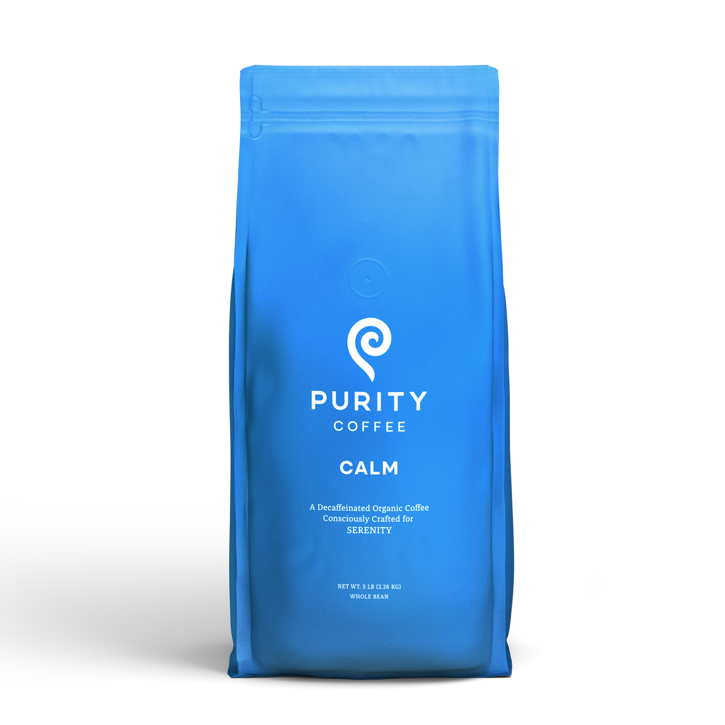 Large 5 lb bag of Organic Purity Coffee CALM: Decaf Whole Bean Coffee, perfect for bulk purchase of smooth, Swiss Water® processed decaf beans.