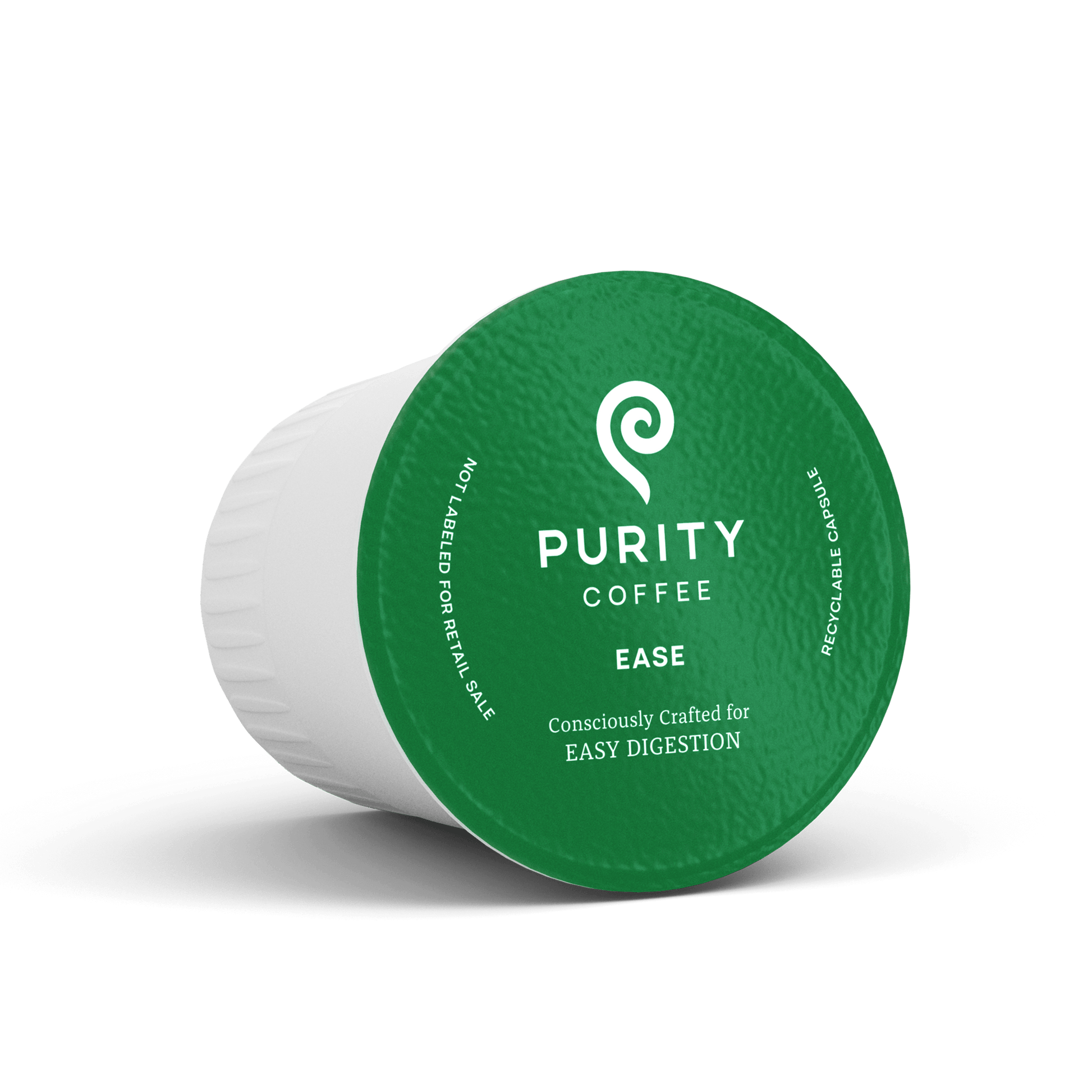 EASE: Dark Roast Single-Serve Purity Pod™ labeled for easy digestion, showcasing recyclable capsule and organic dark roast coffee benefits.