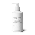 Front view of Velite Essentials Lotion - Vegan Hand Body Care in white pump bottle, labeled with zesty and revitalizing scent.