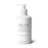 Front view of Velite Essentials Lotion - Vegan Hand Body Care in white pump bottle, labeled with zesty and revitalizing scent.