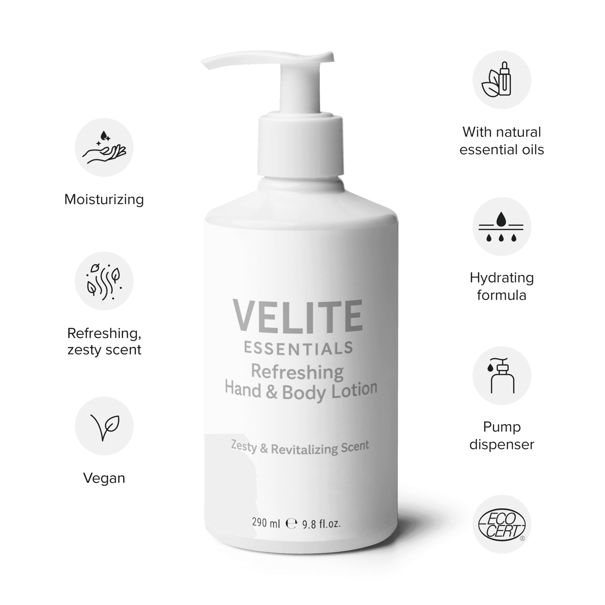 Velite Essentials Lotion - Vegan Hand Body Care with icons showing benefits like moisturizing, essential oils, and eco-cert certification.