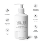 Velite Essentials Lotion - Vegan Hand Body Care with icons showing benefits like moisturizing, essential oils, and eco-cert certification.