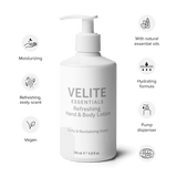 Velite Essentials Lotion - Vegan Hand Body Care with icons showing benefits like moisturizing, essential oils, and eco-cert certification.