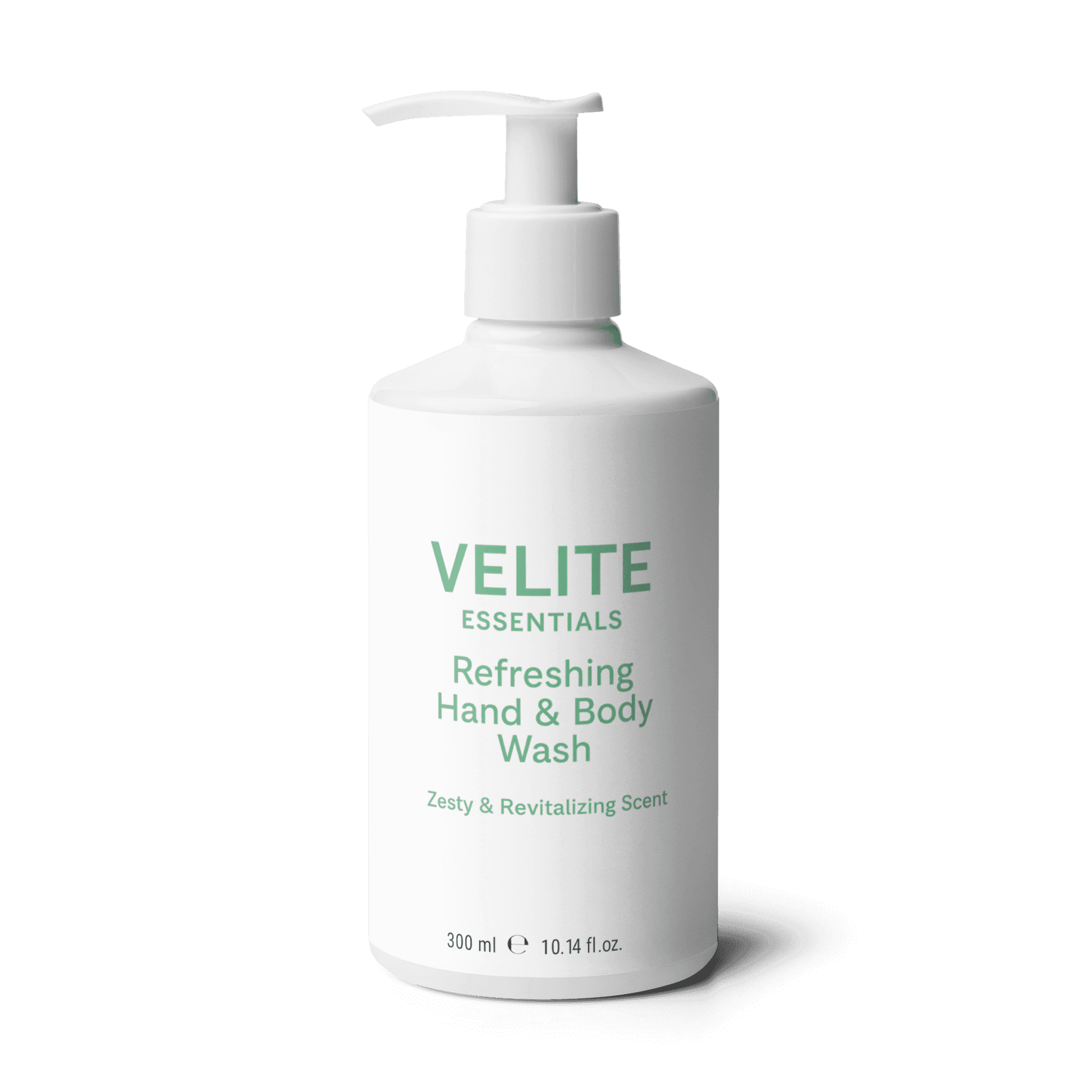 Front view of Velite Essentials Citrus Fresh Body Wash bottle, featuring clean design and citrus scent ideal for vegan and moisturizing skincare.
