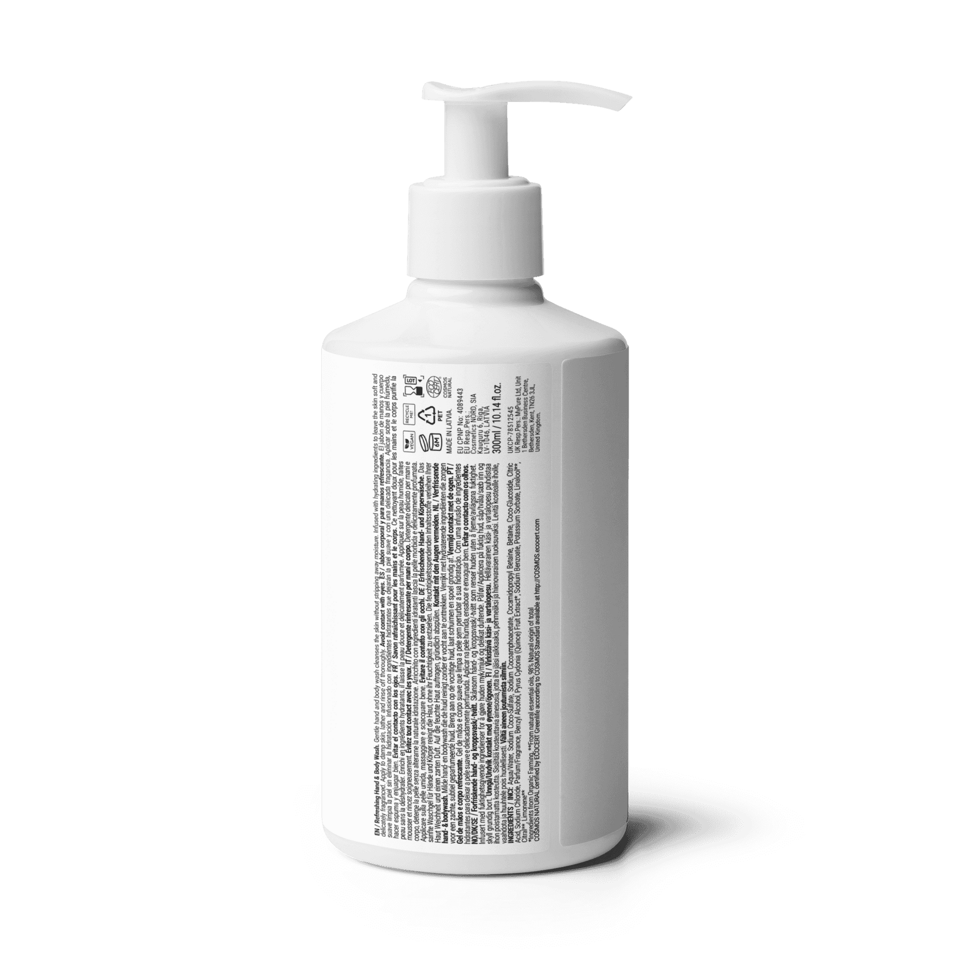 Velite Essentials Citrus Fresh Body Wash rear label with detailed ingredients and ECOCERT mark, emphasizing its natural and certified skincare formula.