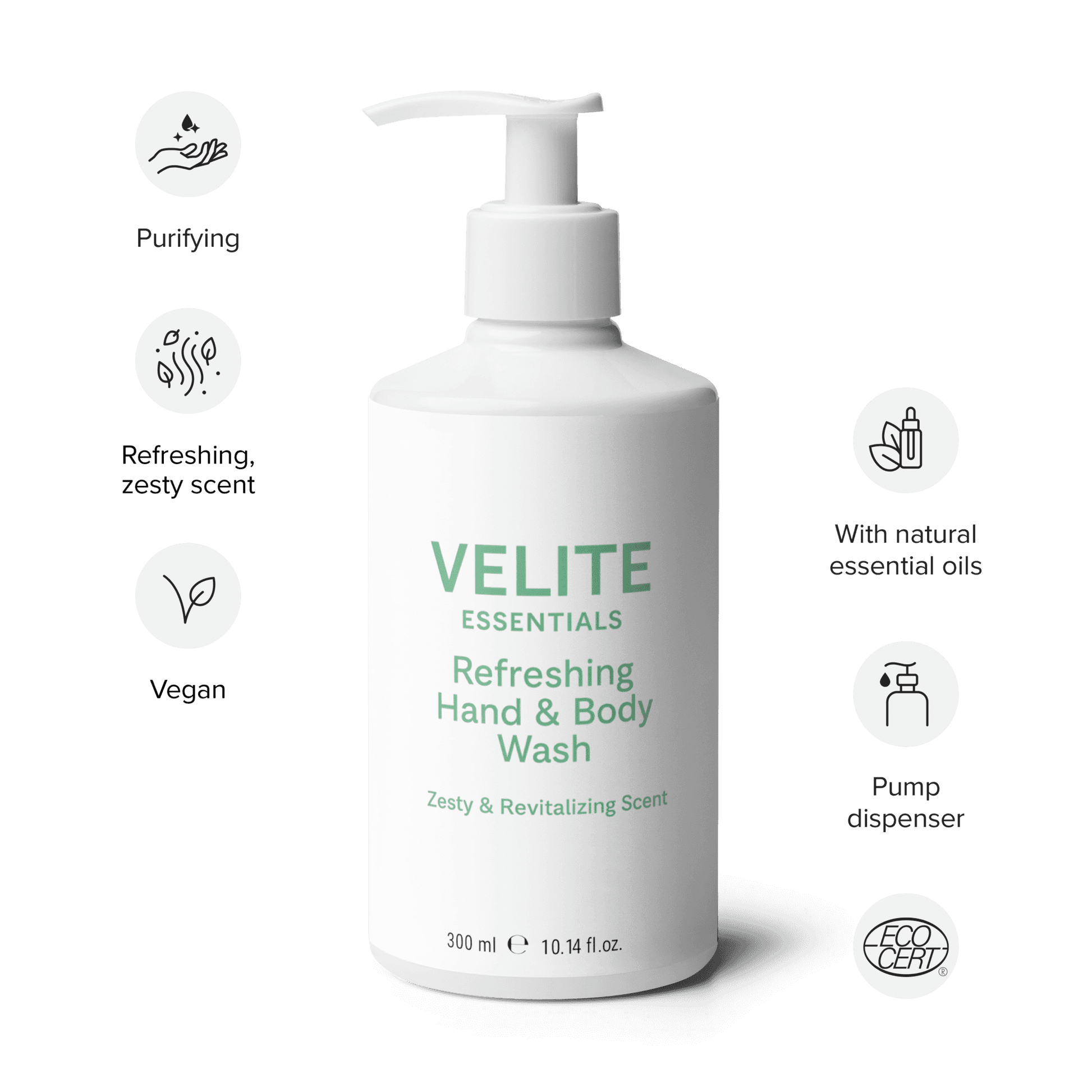 Velite Essentials Citrus Fresh Body Wash with icons for purifying, essential oils, and ECOCERT certification, ideal for clean, vegan body care.