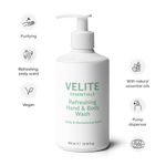 Velite Essentials Citrus Fresh Body Wash with icons for purifying, essential oils, and ECOCERT certification, ideal for clean, vegan body care.